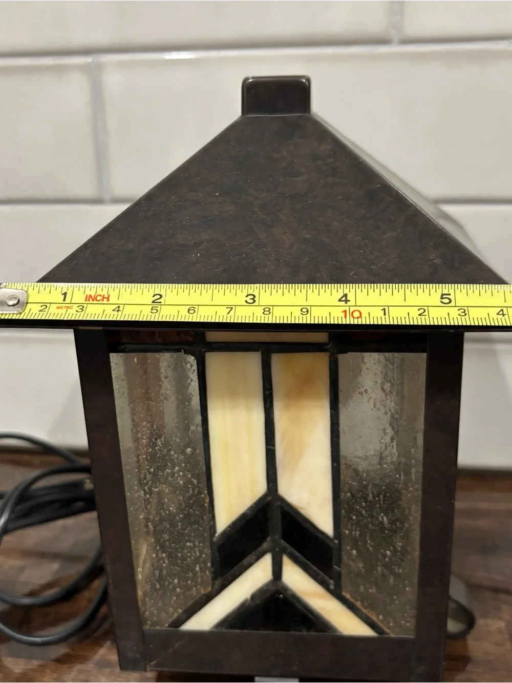 Amber and Black Stained Glass Lantern Accent Lamp - Craftsman Style